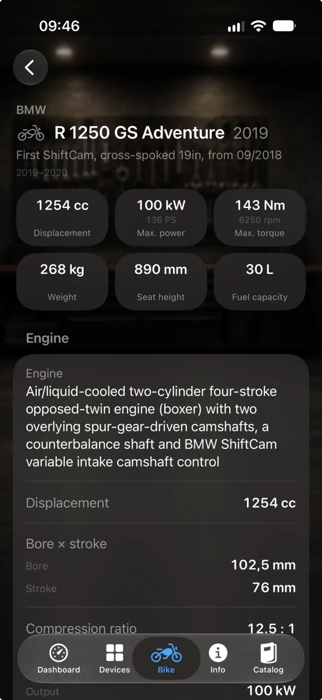 The catalog record of the R 1250 GS Adventure in MotoDeck: displacement, power, torque, weight, seat height and fuel capacity, then the engine data.