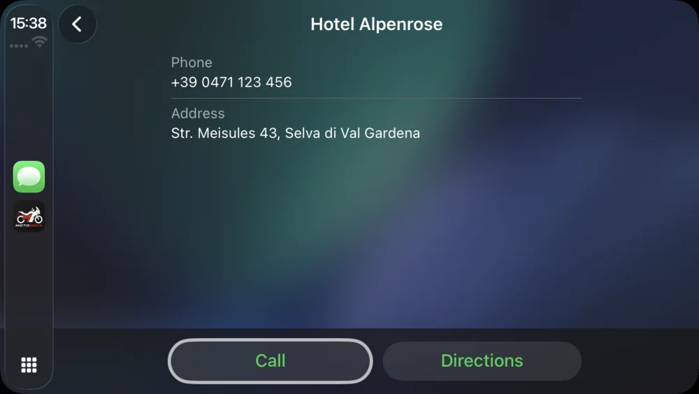 One stop of the road book opened on the CarPlay screen, Hotel Alpenrose, with its phone number, its address, and the Call and Directions buttons.